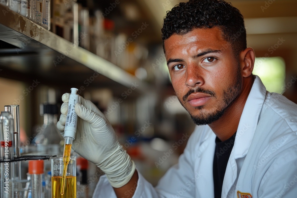Poster a young man in a lab coat uses a pipette to transfer liquid into a beaker.
