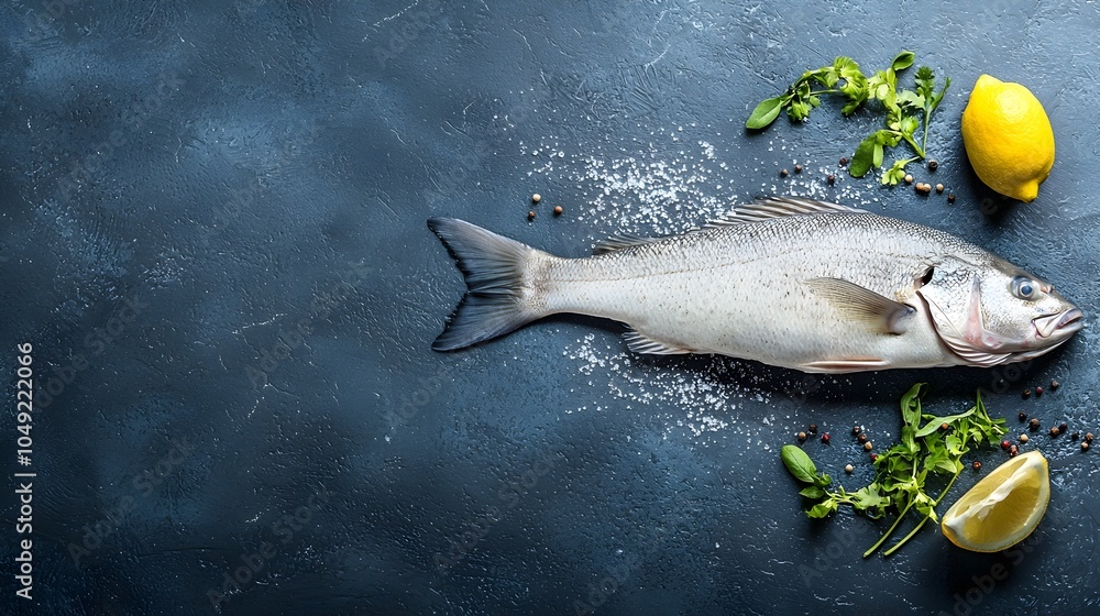 Poster freshly caught barramundi fish laid horizontally on a rustic wooden surface with ample copy space he