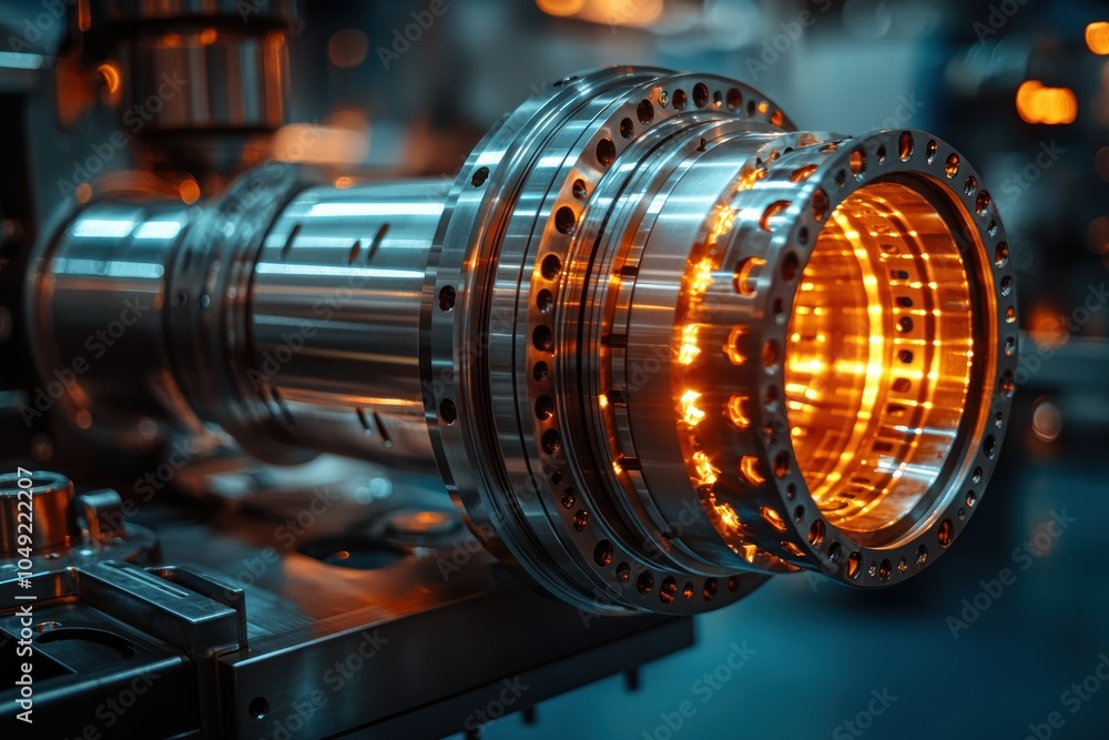 Poster glowing industrial machine component with circular detail