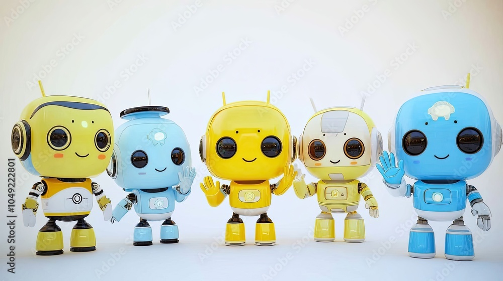 Poster cute ai robots wave cheerfully in a bright and friendly setting generative ai