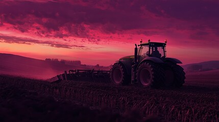 Fototapeta premium Majestic Tractor Plowing Land at Dusk