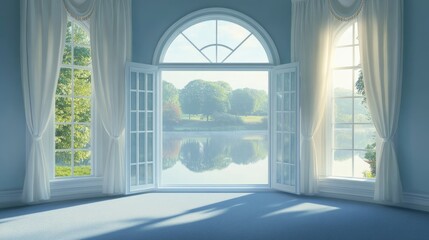 Naklejka premium Serene View from Elegant Window with Nature Reflection