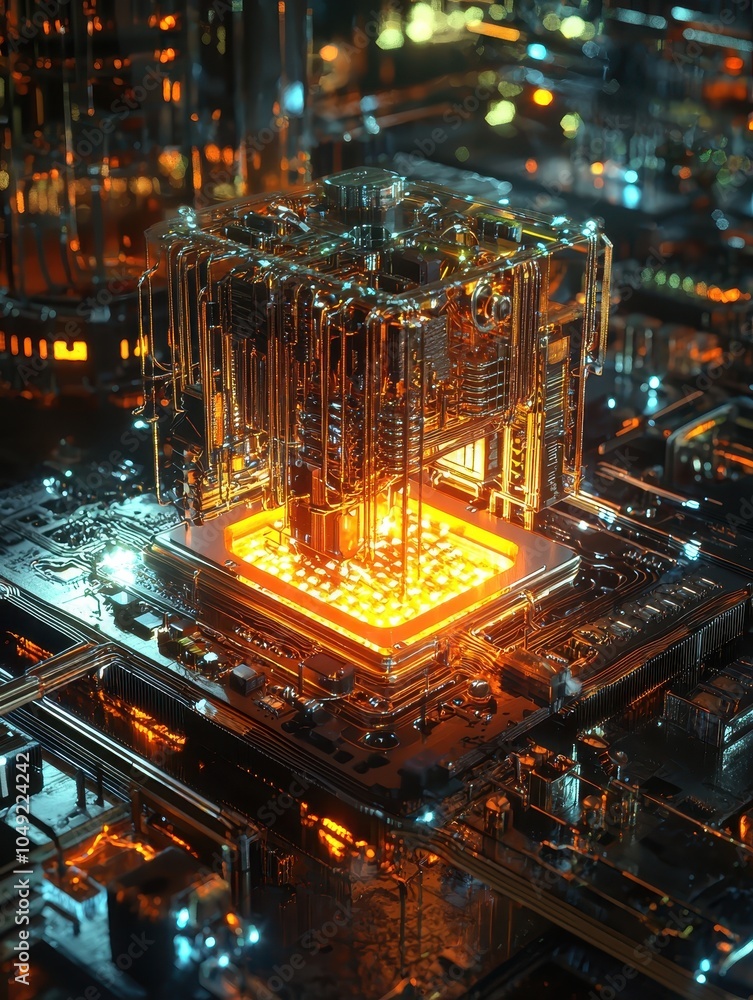 Poster glowing quantum processor in futuristic computer design