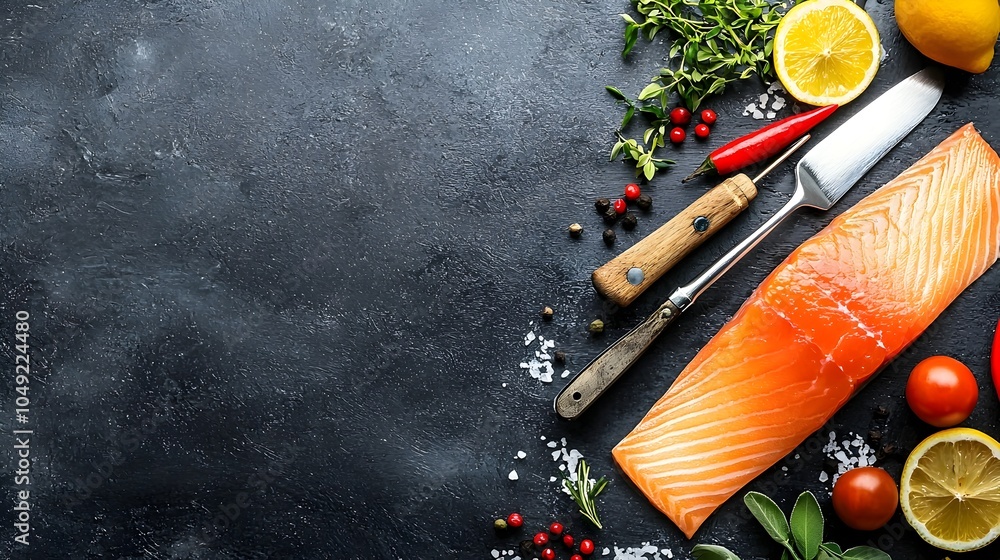 Poster freshly prepared rainbow trout fillet placed at an artful angle and displayed on a minimalist white 