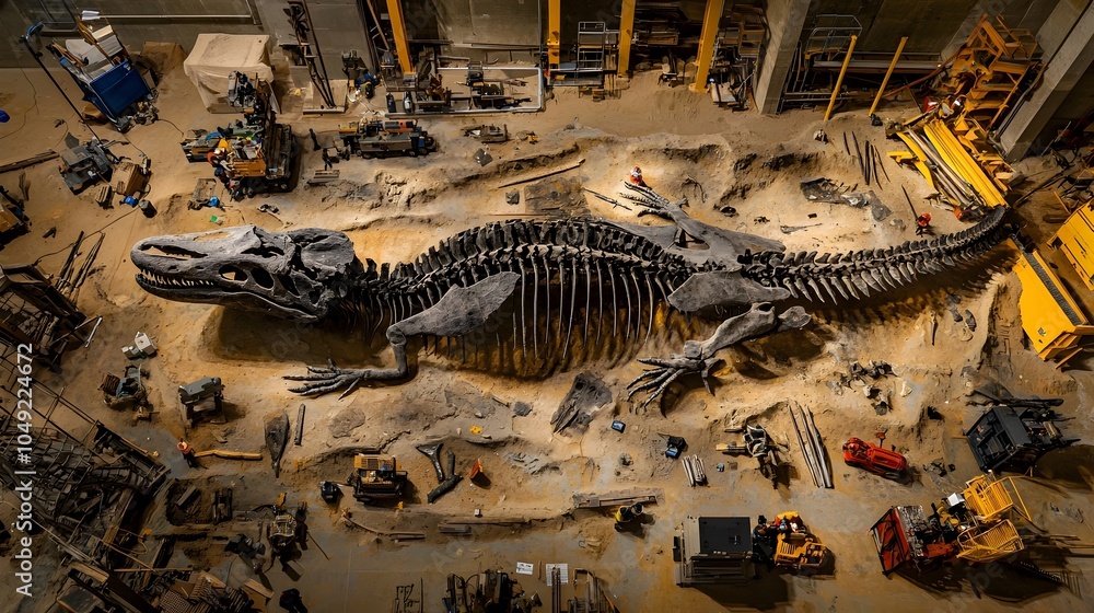 Poster fully excavated and displayed ichthyosaur prehistoric fossil skeleton detailed preserved remains of 