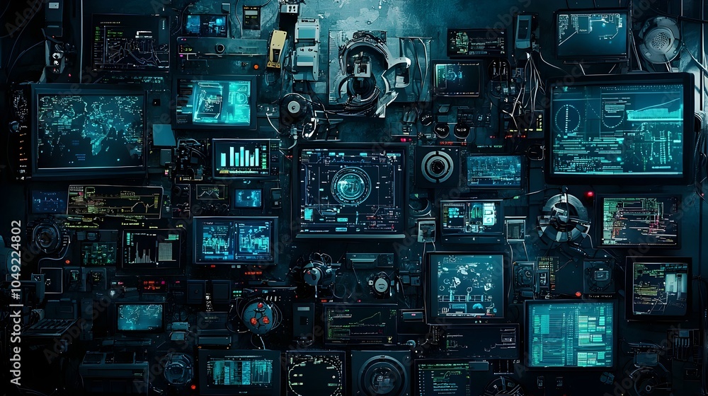 Poster futuristic digital control room with a wall of multiple tv screens high tech interfaces data display