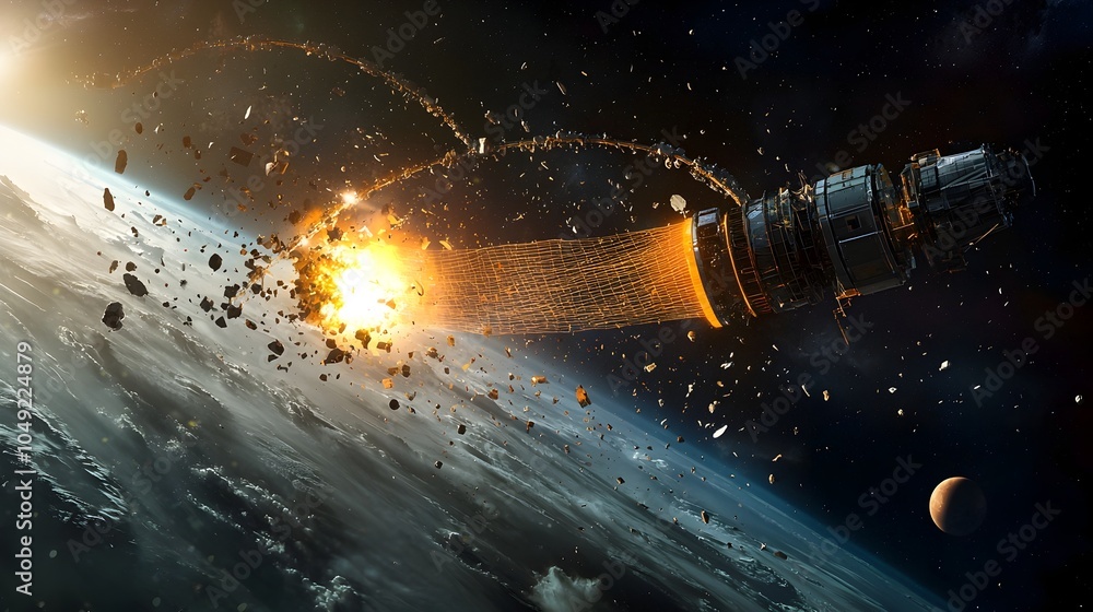 Aufkleber Futuristic spacecraft deploying a large net to sweep and capture space debris floating in orbit helping to clean up the space environment and promote sustainability of space and technology