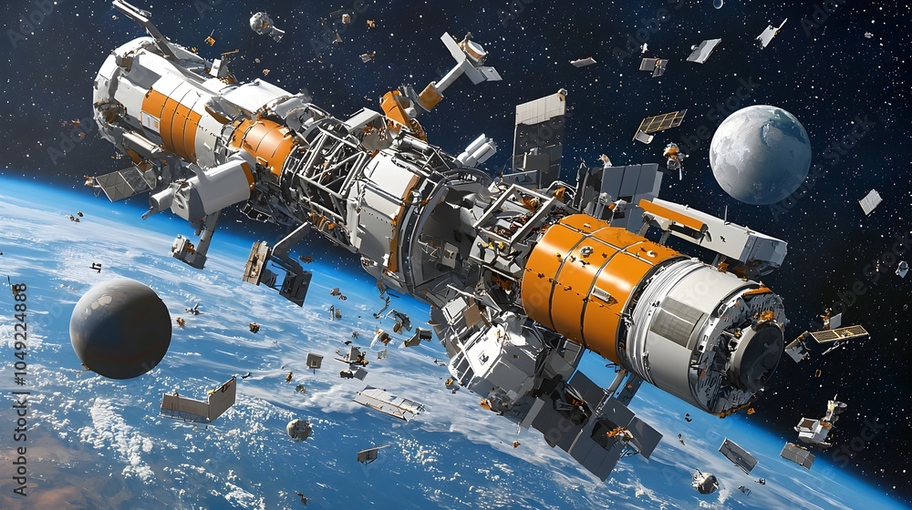 Aufkleber Futuristic prototype of a robot designed to autonomously collect and dispose of space debris and junk orbiting the Earth helping to maintain a sustainable space environment