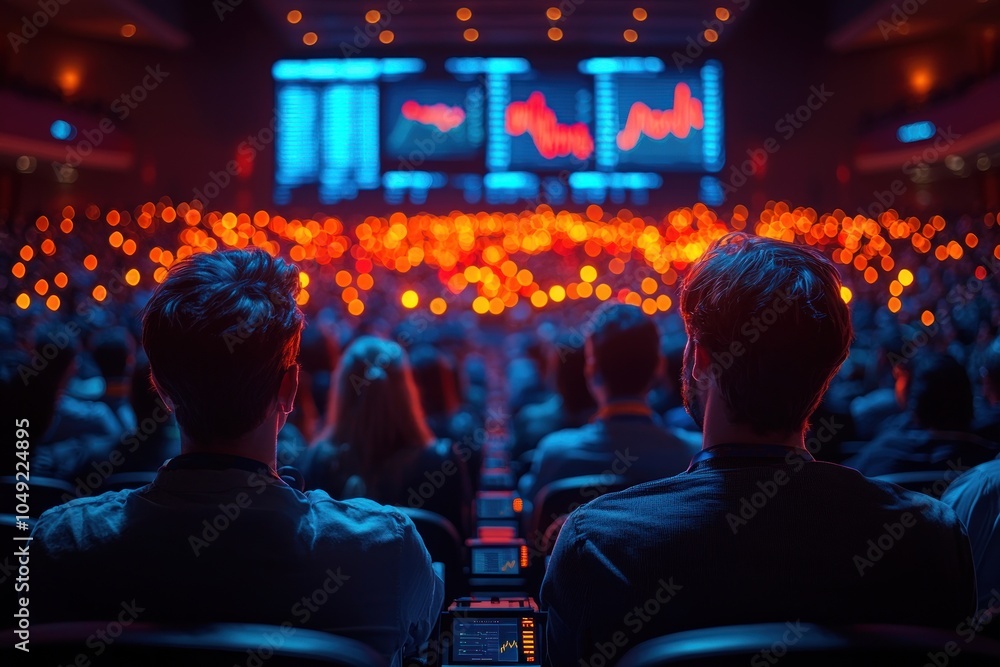 Poster Two Men in a Crowd Watching a Presentation with Data Graphs on a Large Screen