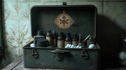 An antique metal case with various bottles and vials inside, with a decorative brass insignia.
