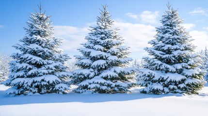 Fototapeta premium Three snow-covered evergreen trees stand tall against a bright blue winter sky.