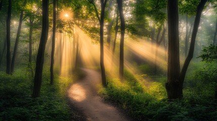 Obraz premium A sunlit path winds through a misty forest, with beams of light piercing the canopy.