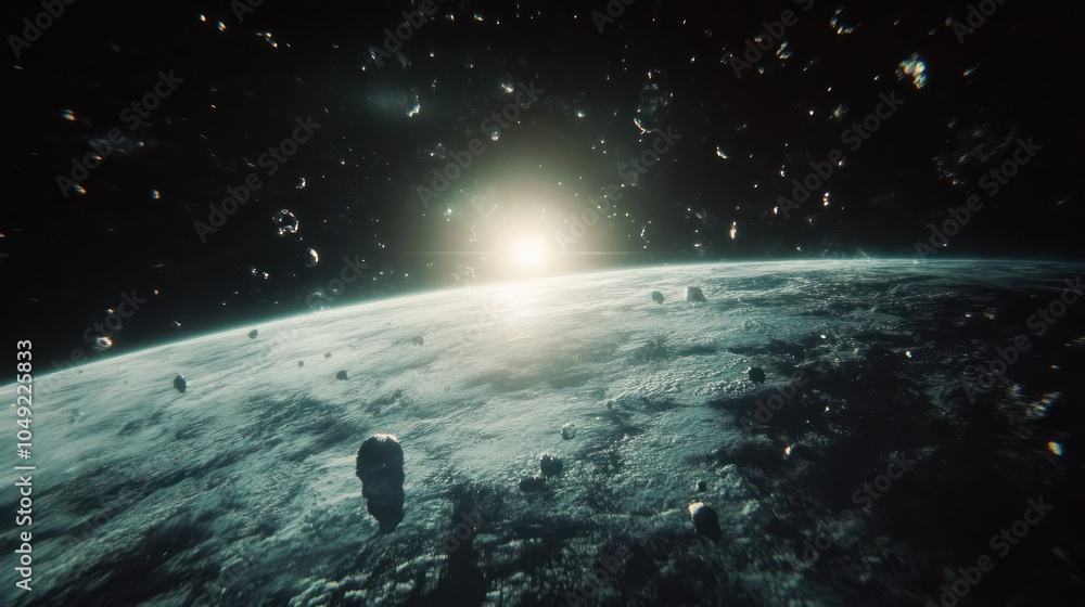 Aufkleber a view of a planet with a large number of asteroids in orbit around it, with a bright sun rising on 