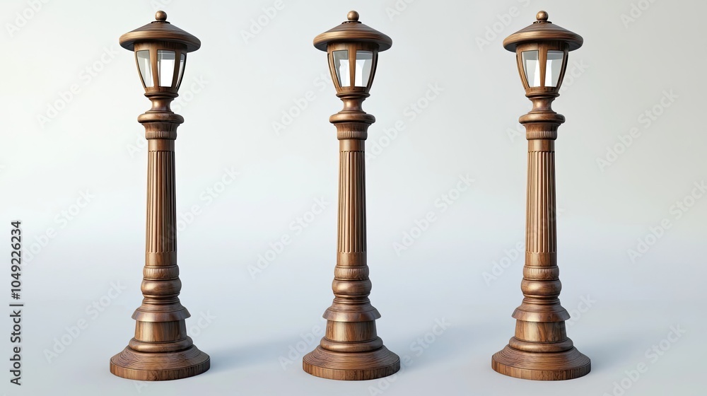 Poster Elegant Wooden Lamp Posts Arranged in a Row Showcasing Classic Design Generative AI