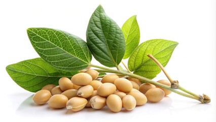 Depth of field image of a soybean plant branch with beans and leaves isolated on white background