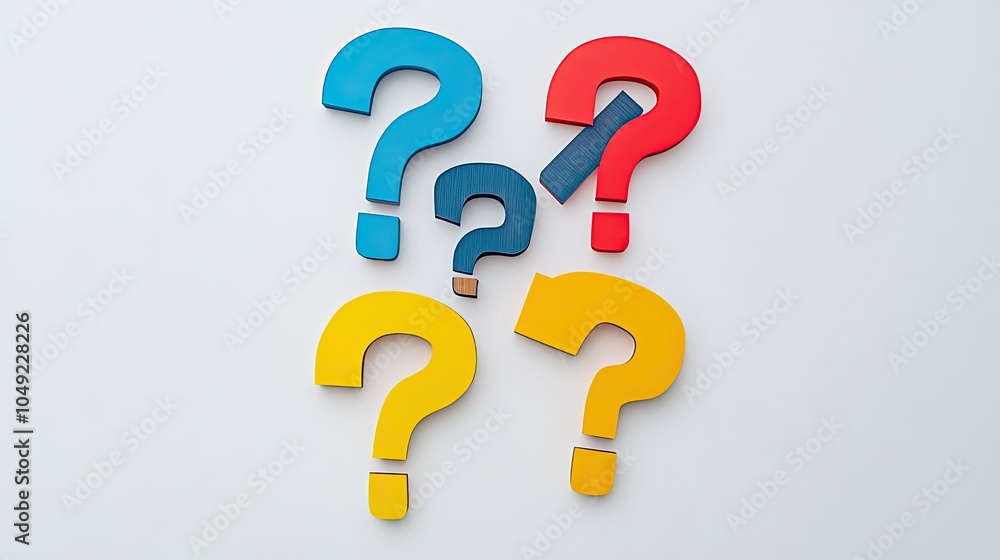 Poster vibrant question marks on light background for ideas generative ai