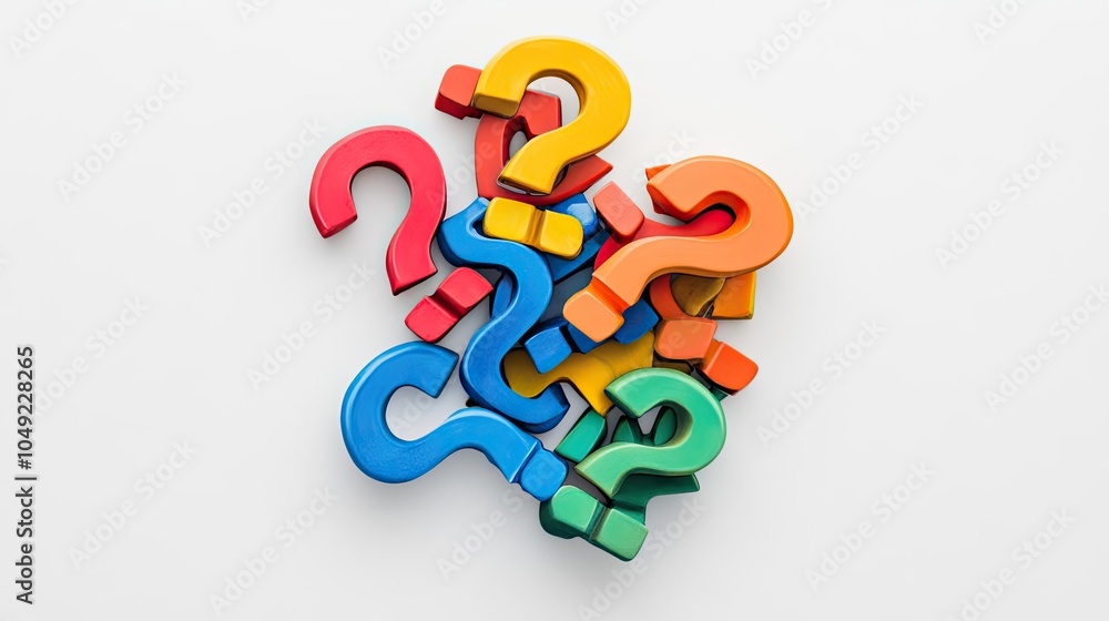 Poster colorful overlapping question marks create a playful visual display generative ai