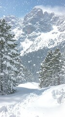 Majestic Snowy Mountain Landscape with Pine Trees and Falling Snowflakes Scenic Winter Wonderland Adventure Photography Peaceful Nature