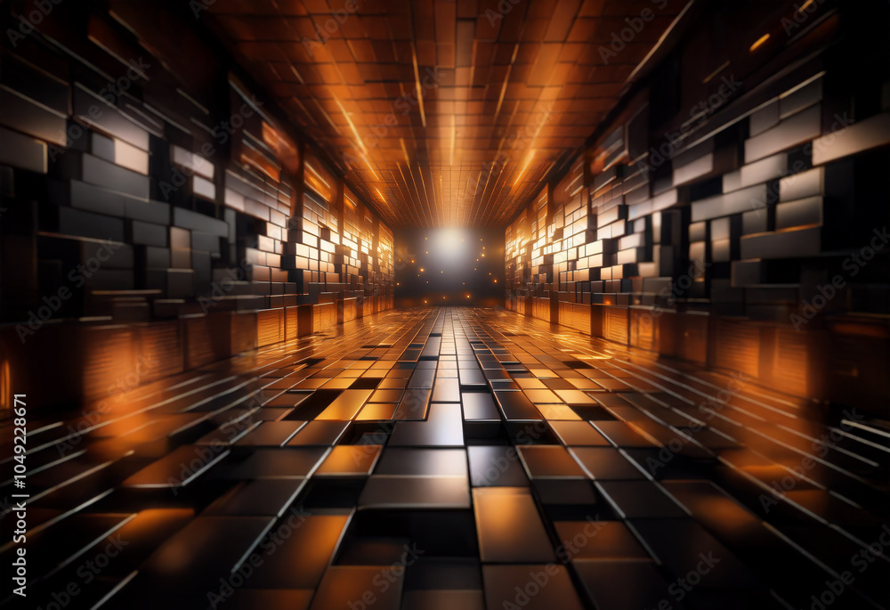 Poster a long, narrow, metallic corridor with a bright light at the end. the walls are lined with squared p