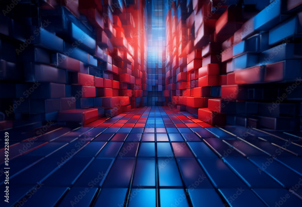 Aufkleber A 3D rendering of a glowing red and blue tunnel with a checkered floor.
