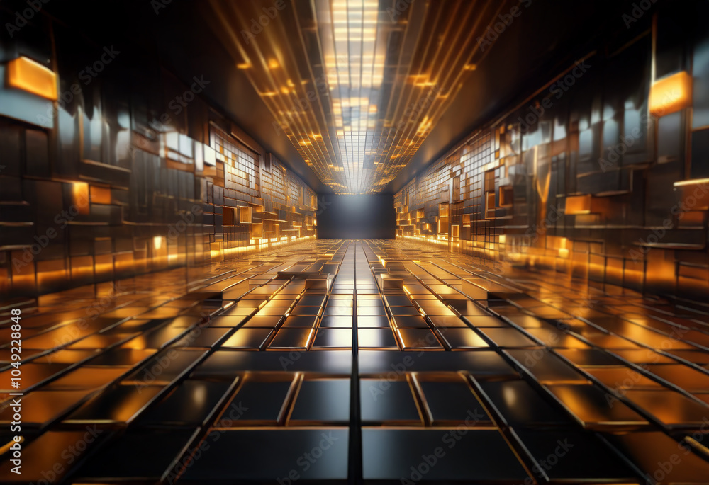 Aufkleber A glowing, futuristic corridor with reflective walls and a tiled floor. The light at the end of the corridor is a source of bright light.