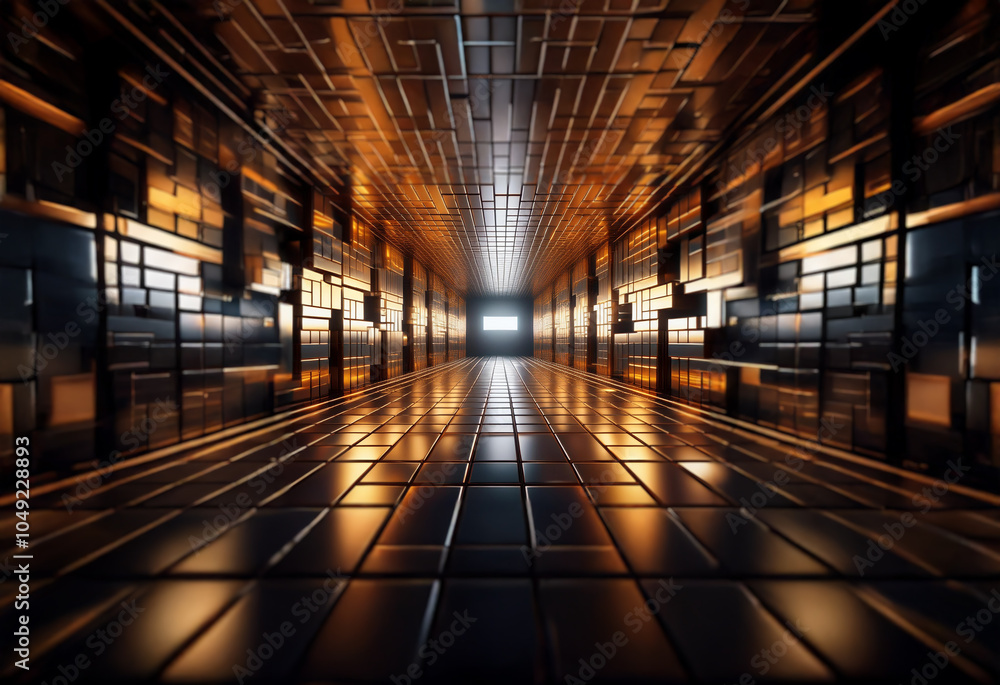 Fototapete a futuristic corridor with a reflective floor and metallic walls. the walls are lined with illuminat