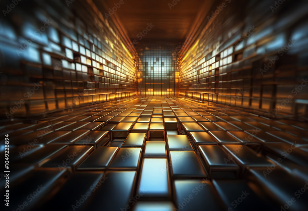 Aufkleber a perspective view down a long, dark, and narrow hallway lined with metallic walls. the walls are il
