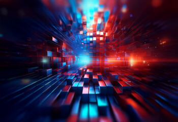 Abstract digital art depicting a futuristic, geometric space with glowing red and blue light.