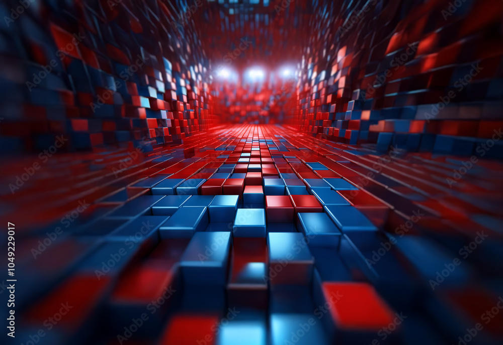 Poster a perspective view of a tunnel-like space composed of a grid of blue and red cubes.