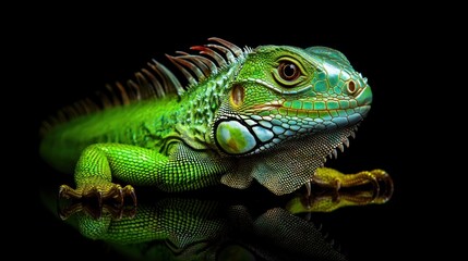 Obraz premium Green Iguana on a Black Background