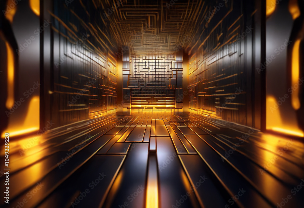 Aufkleber a futuristic corridor with glowing golden lines and a dark metallic surface, creating a sense of dep