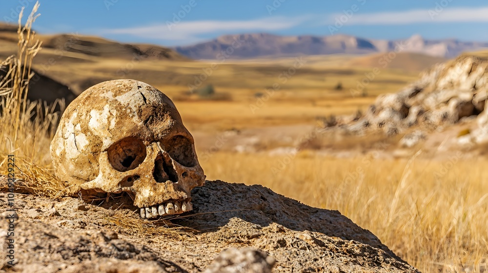 Poster hominid skull fossil discovered during an archaeological excavation providing insights into the evol
