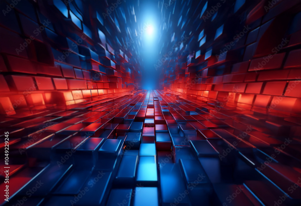 Aufkleber An abstract 3D rendering of a tunnel made of red and blue cubes with a glowing light at the end.