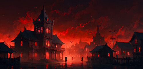 Dark village scene illuminated by an intense red glow of eerie atmosphere; high pointed roofs, ornate woodwork and gloomy facades of sinister appearance of medieval inspiration. 