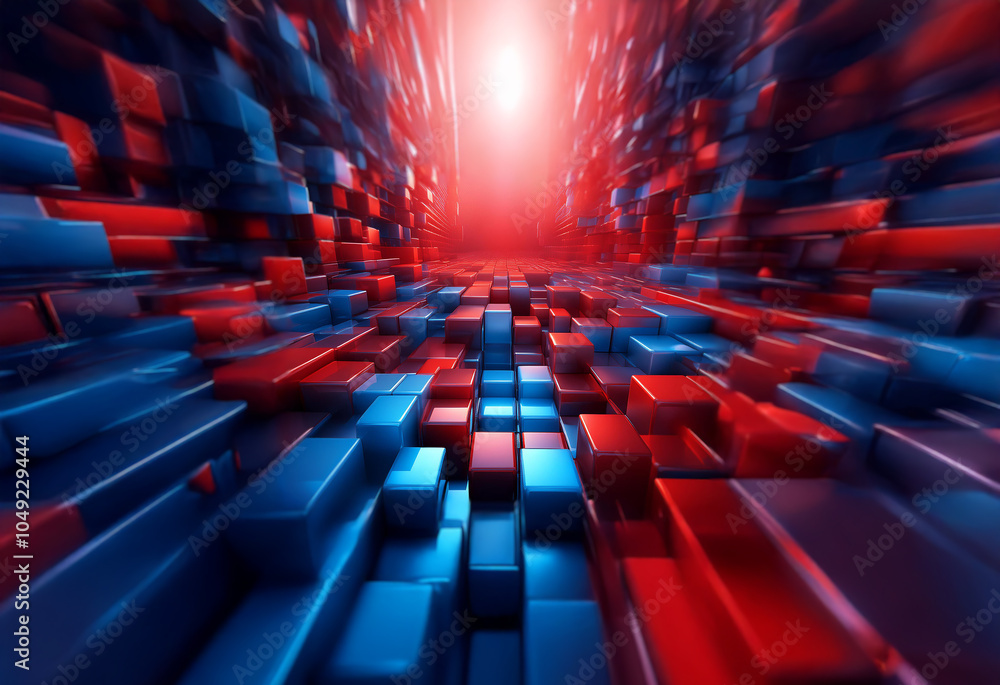 Poster abstract digital art of a tunnel made of red and blue 3d blocks with a bright light at the end.