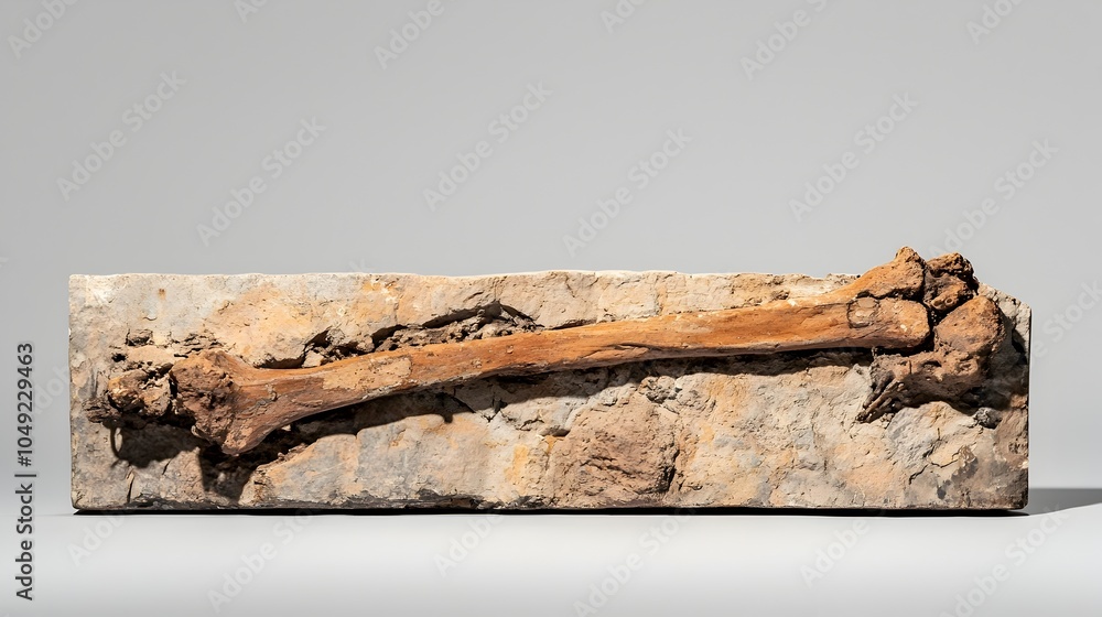 Poster horizontally positioned sauropod dinosaur femur fossil displayed in a natural history museum exhibit