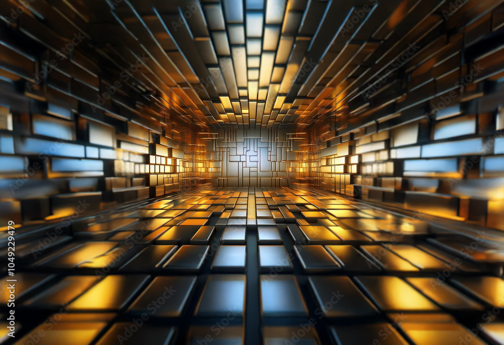 Leinwandbilder A 3D rendering of an abstract tunnel made of metallic blocks with a glowing light at the end.