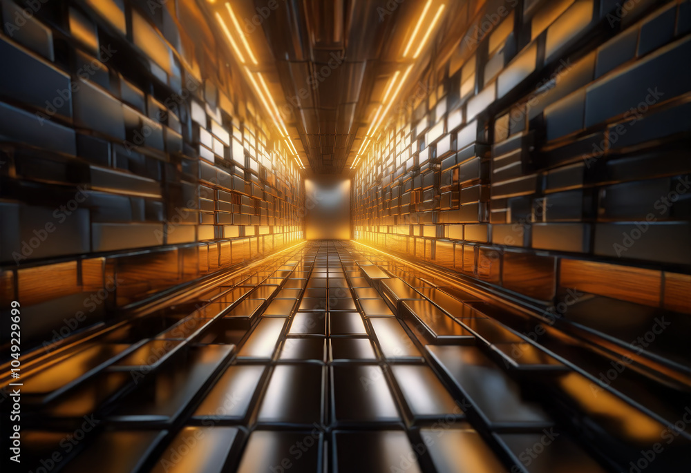 Poster a narrow, reflective corridor with glowing orange lights emanating from the ceiling, creating a futu