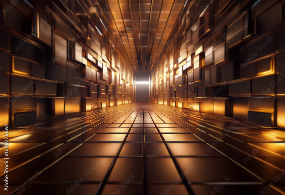 Poster an endless corridor of glowing metal squares creates a futuristic and mesmerizing optical illusion.
