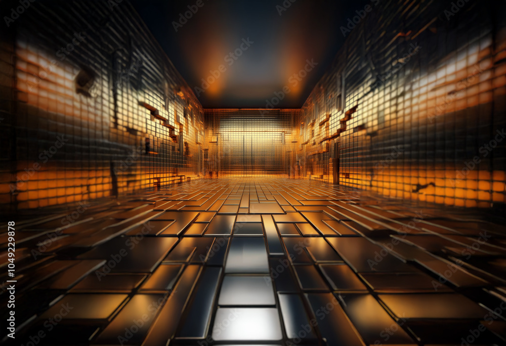 Poster a narrow, dark corridor with a glowing orange light at the end. the walls and floor are made of meta