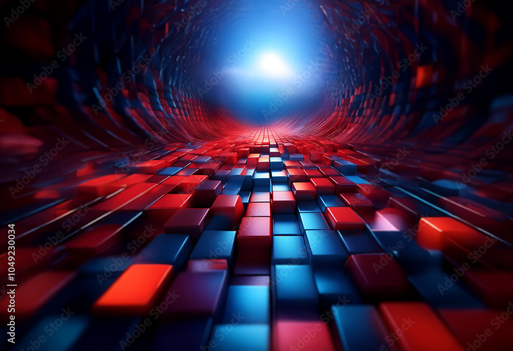 Poster a glowing light shines through the end of a tunnel made of red and blue squares.