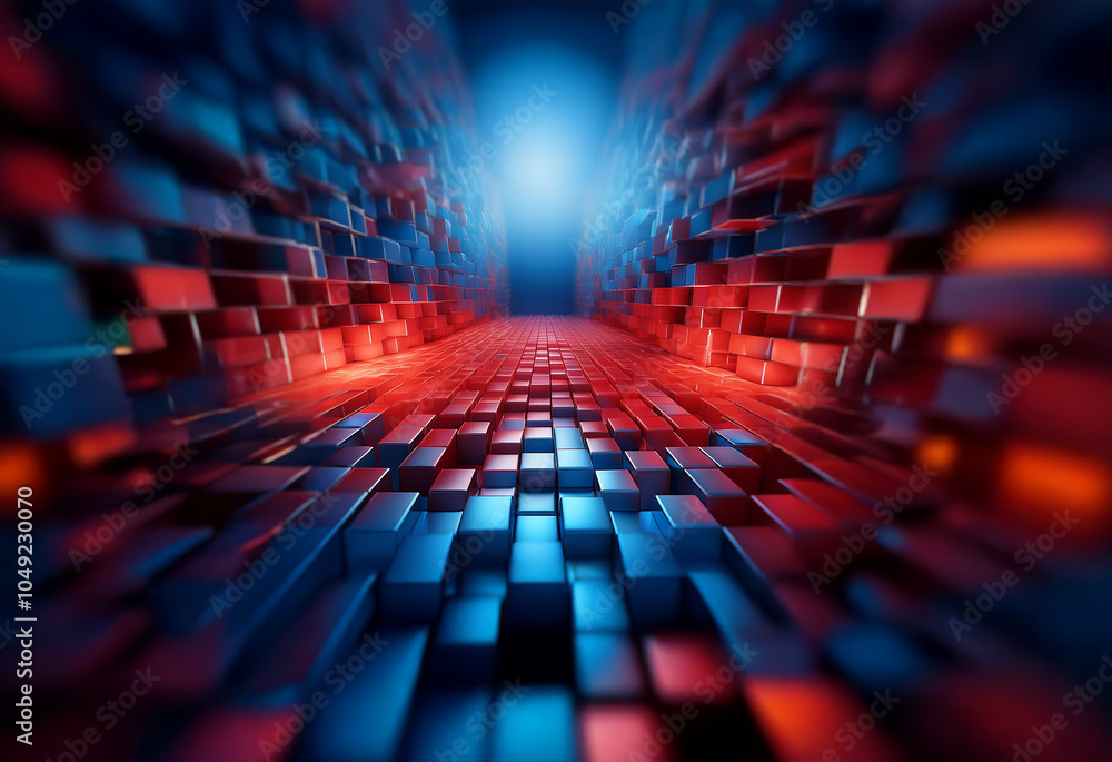 Poster a futuristic, abstract tunnel lined with vibrant blue and red blocks. a bright light shines at the e