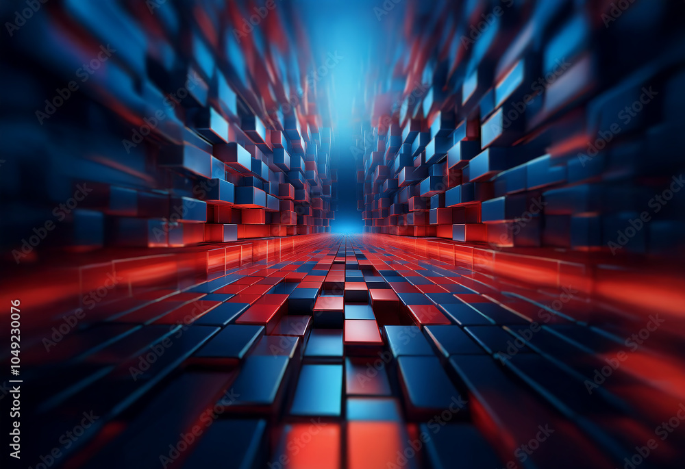 Poster a futuristic, glowing tunnel of red and blue squares that extend infinitely into the distance.