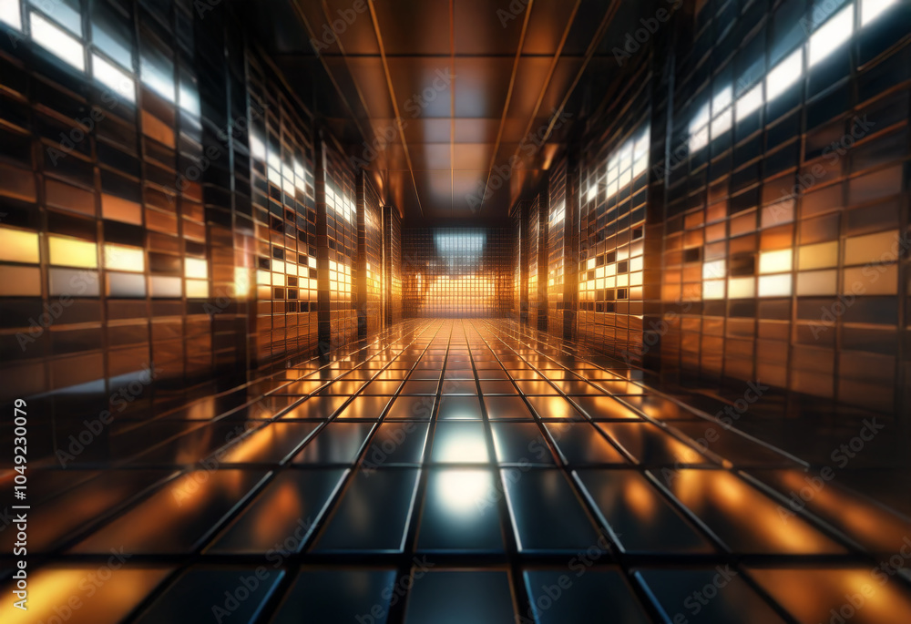 Aufkleber a futuristic, metallic corridor lined with glowing panels. the floor is reflective, creating a sense