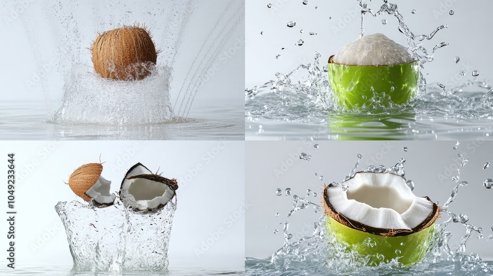 Poster water jets spraying coconuts in a creative and dynamic display generative ai