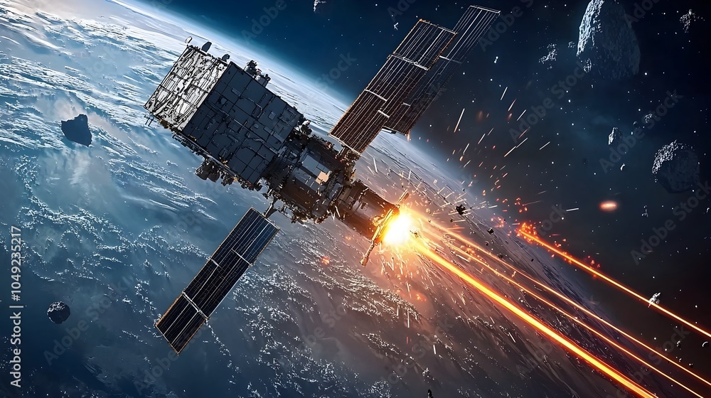 Poster lasers mounted on advanced satellites precisely targeting and deorbiting space debris and junk float