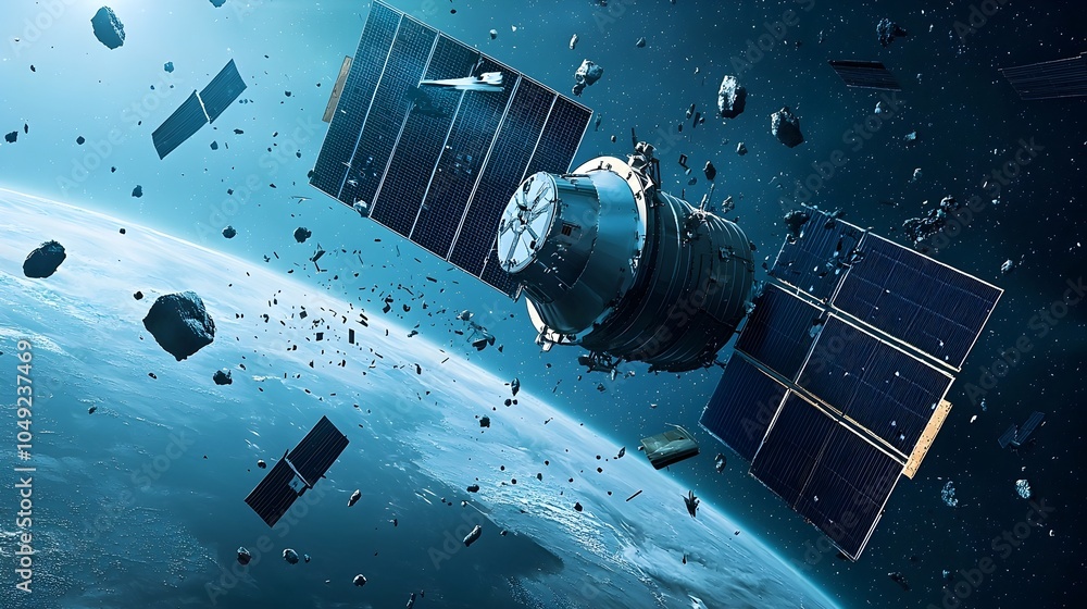Poster magnetic field drawing in and capturing metallic space debris with futuristic technology concept