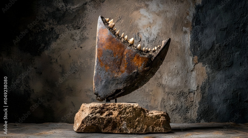 Aufkleber Minimal clean display of a well preserved Megalodon shark tooth fossil placed neatly on a plain flat surface  The ancient