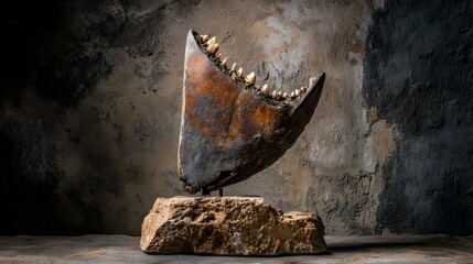 Minimal clean display of a well preserved Megalodon shark tooth fossil placed neatly on a plain flat surface  The ancient