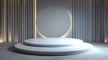 Fototapeta premium Circular Platform with Two Levels and a Backdrop of White Stripes and a Circular Light